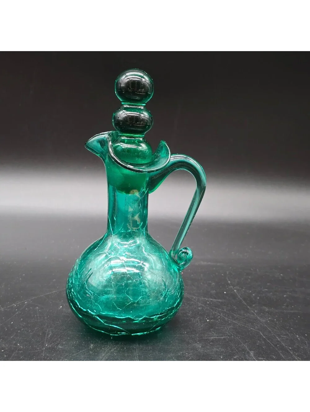 Vintage MCM Green Crackle Glass Miniature Cruet Pitcher Original Ball Stopper
